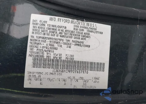 2002 Lincoln Town Car Signature from USA, damaged, VIN 1LNHM82W92Y657970